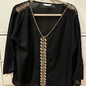 Thrift Black Beaded V-Neck Top